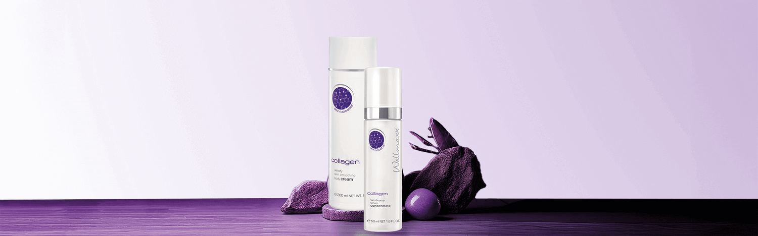 Two bottles of collagen skincare products against a soft purple background, showcasing skincare benefits.