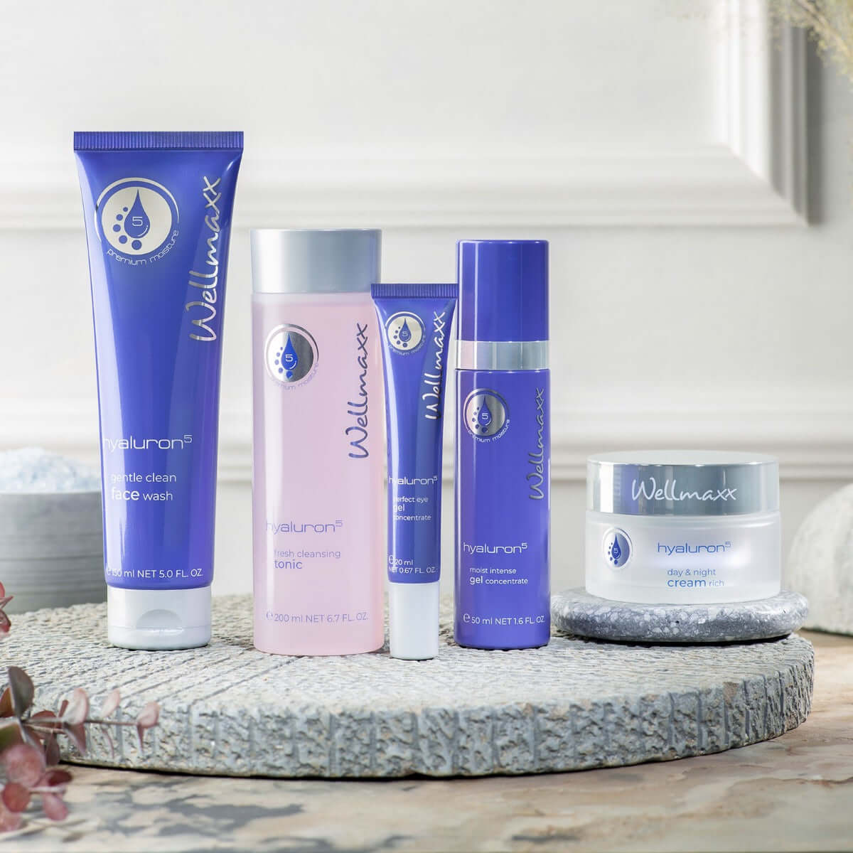 Collection of Wellmaxx hyaluron skincare products including gel, cream, toner, and face wash on a stone surface.