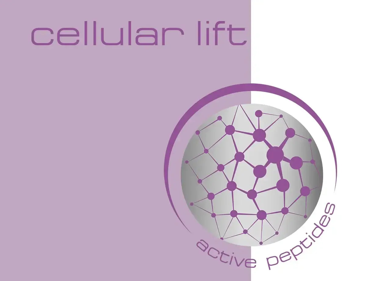 Logo for Cellular Lift featuring active peptides, showcasing a network graphic in purple and gray.