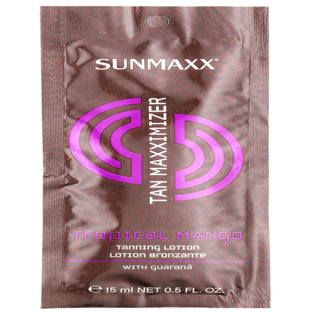 Sunmaxx Tan Maxximizer Tropical Mango tanning lotion sachet enriched with guarana for bronzed skin.