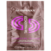Sunmaxx Tan Maxximizer Tropical Mango tanning lotion sachet enriched with guarana for bronzed skin.