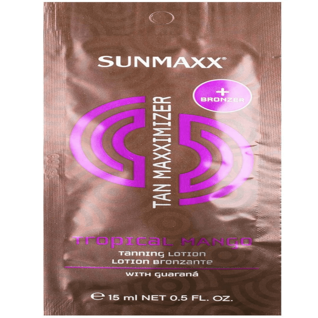 Tan Maxximizer Tropical Mango tanning lotion packet with bronzer and guarana extract, 15ml.