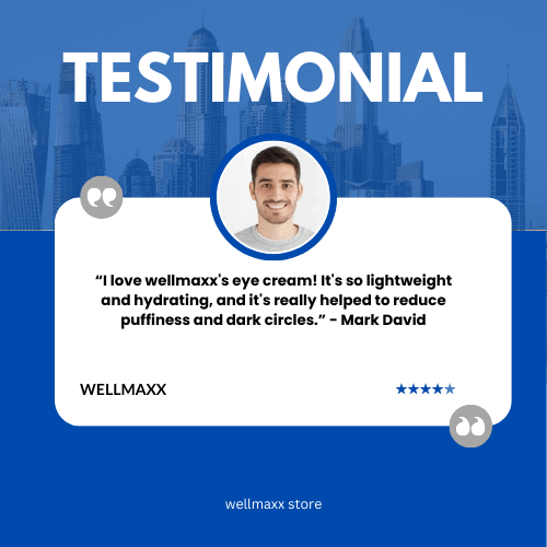 Testimonial about Wellmaxx eye cream highlighting its lightweight and hydrating benefits, reducing puffiness.