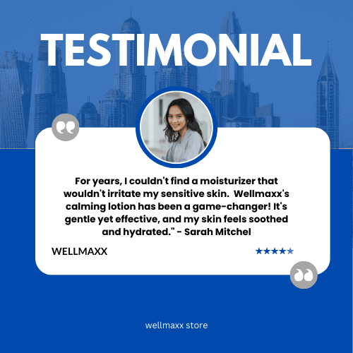 Testimonial from Sarah Mitchel praising Wellmaxx's calming lotion for sensitive skin, highlighting its gentleness and effectiveness.
