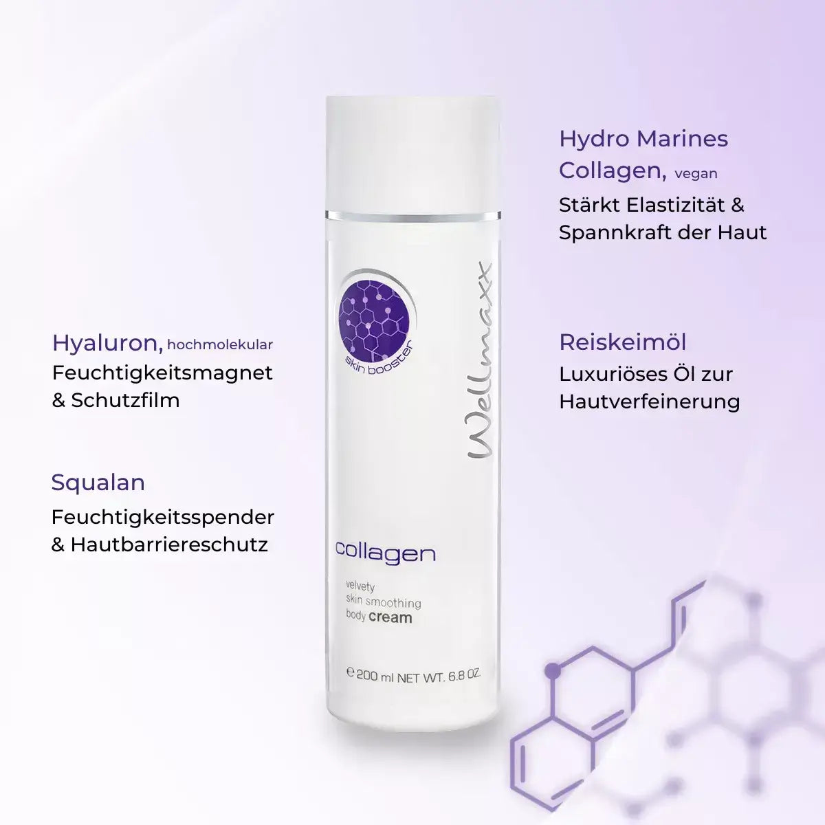 Wellmaxx collagen body cream with hyaluronic acid, squalane, and rice oil for skin elasticity and hydration.
