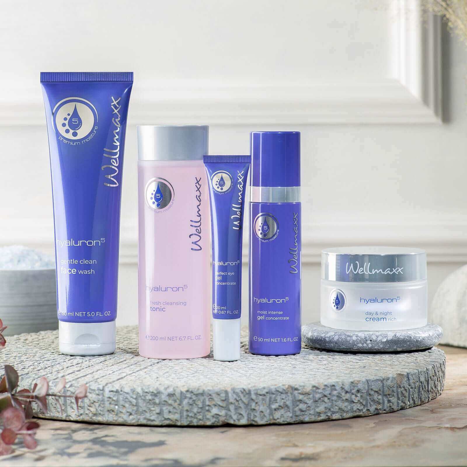 Wellmaxx skincare products including face wash, tonic, gel, and cream on a stone surface.