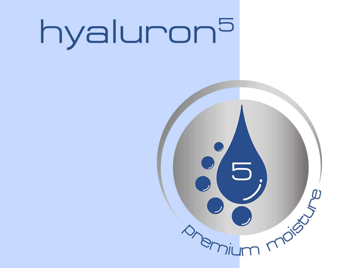 hyaluron5 logo featuring a moisture drop, symbolizing premium hydration benefits for skincare.