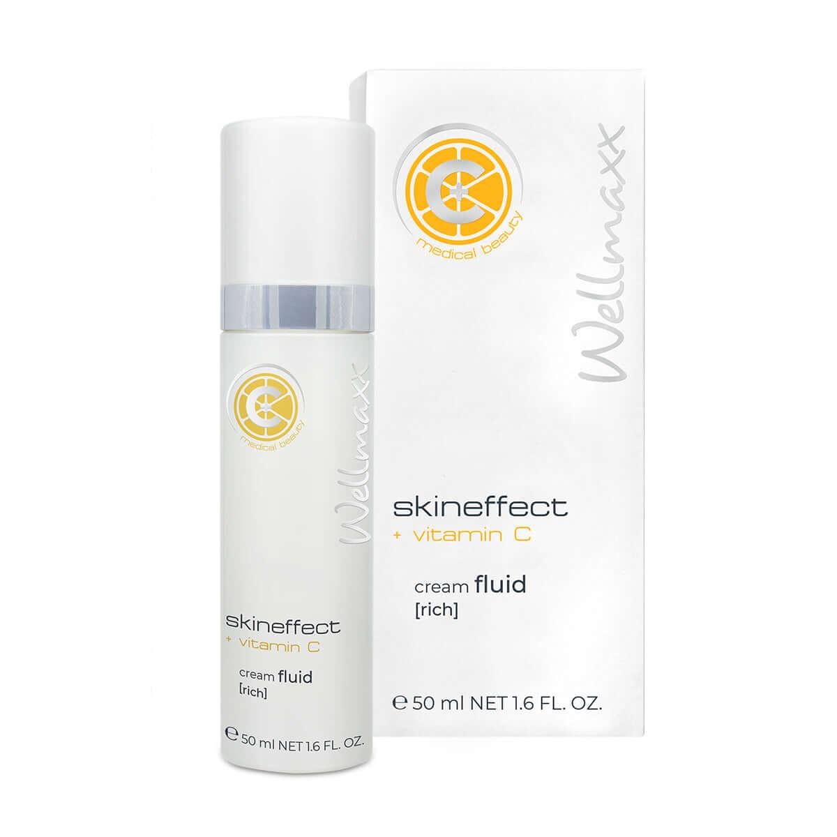 Wellmaxx skineffect vitamin C cream fluid for youthful skin, 50 ml packaging and bottle image.