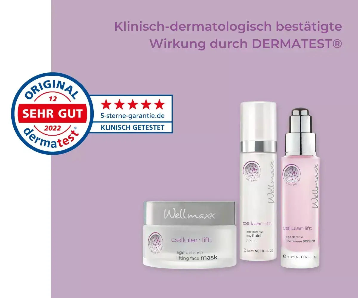 Wellmaxx cellular lift skincare products, clinically tested by Dermatest, featuring lifting face mask and serums.