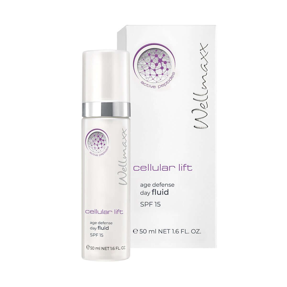 Wellmaxx Cellular Lift Age Defense Day Fluid SPF 15 in a sleek bottle with a box, promoting youthful skin protection.
