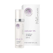 Wellmaxx Cellular Lift Age Defense Day Fluid SPF 15 in a sleek bottle with a box, promoting youthful skin protection.