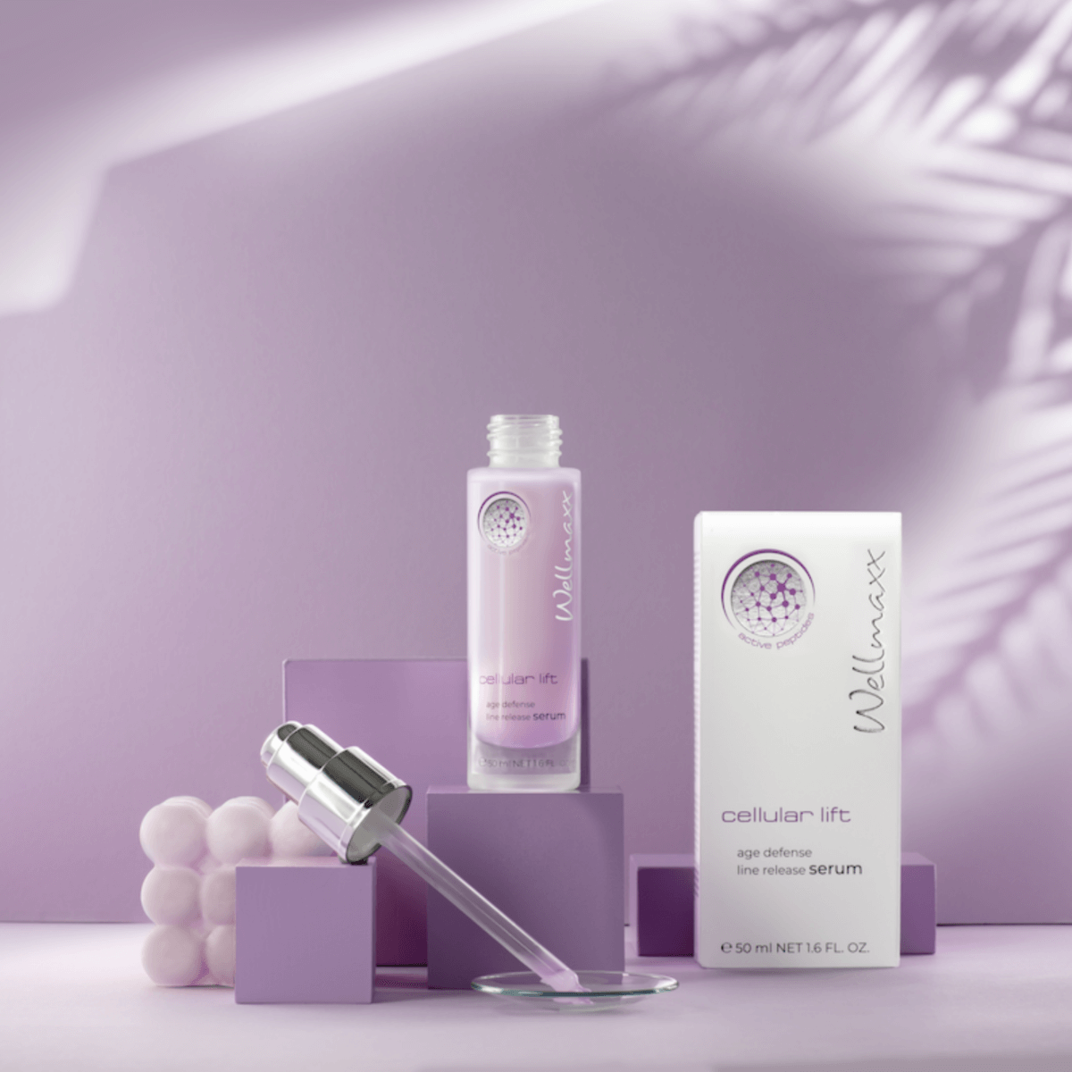 Cellular Lift Age Defense Line Release Serum in a sleek bottle next to its packaging, highlighting anti-aging benefits.