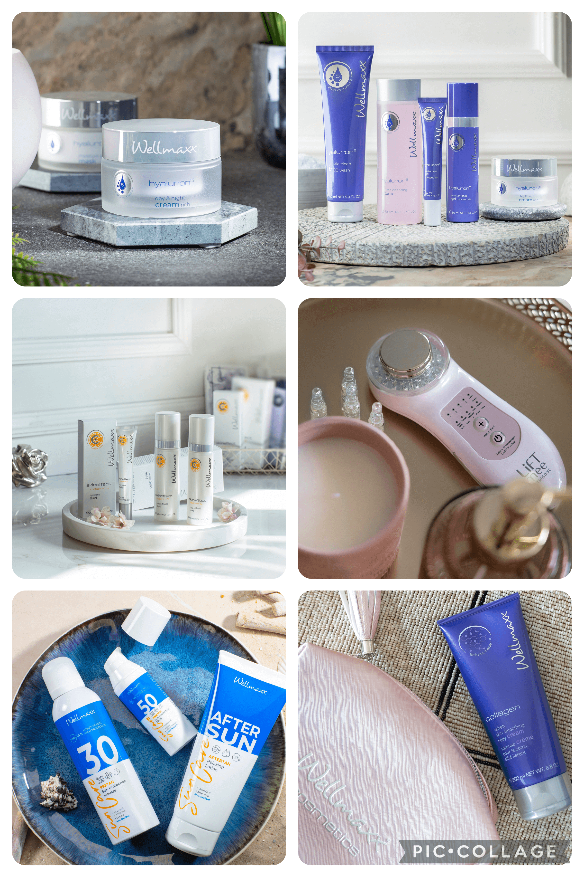 Wellness skincare products display including lotions, sunscreen, and facial tools on elegant trays.
