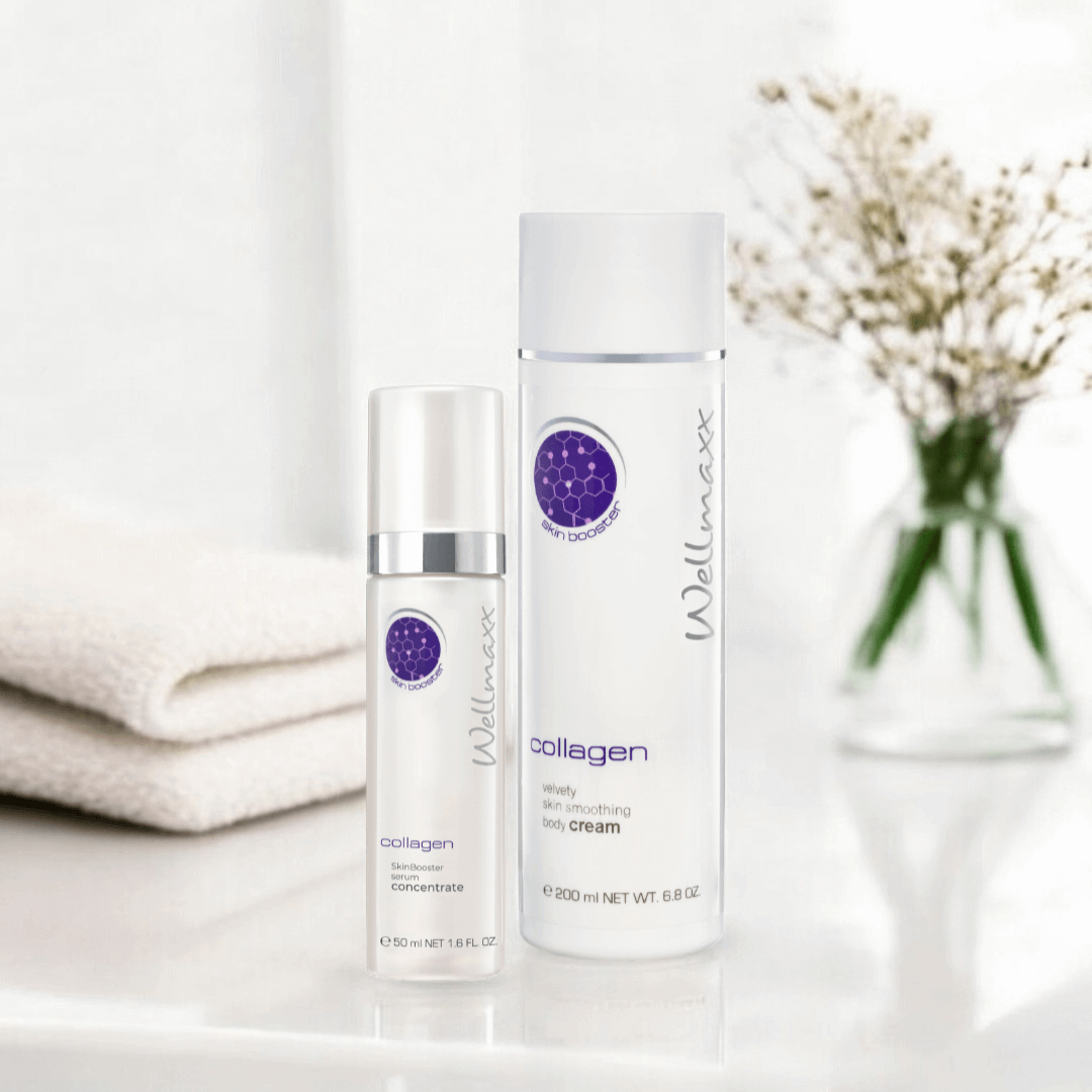 Wellmaxx collagen skinbooster serum concentrate and silky cream on a soft towel.