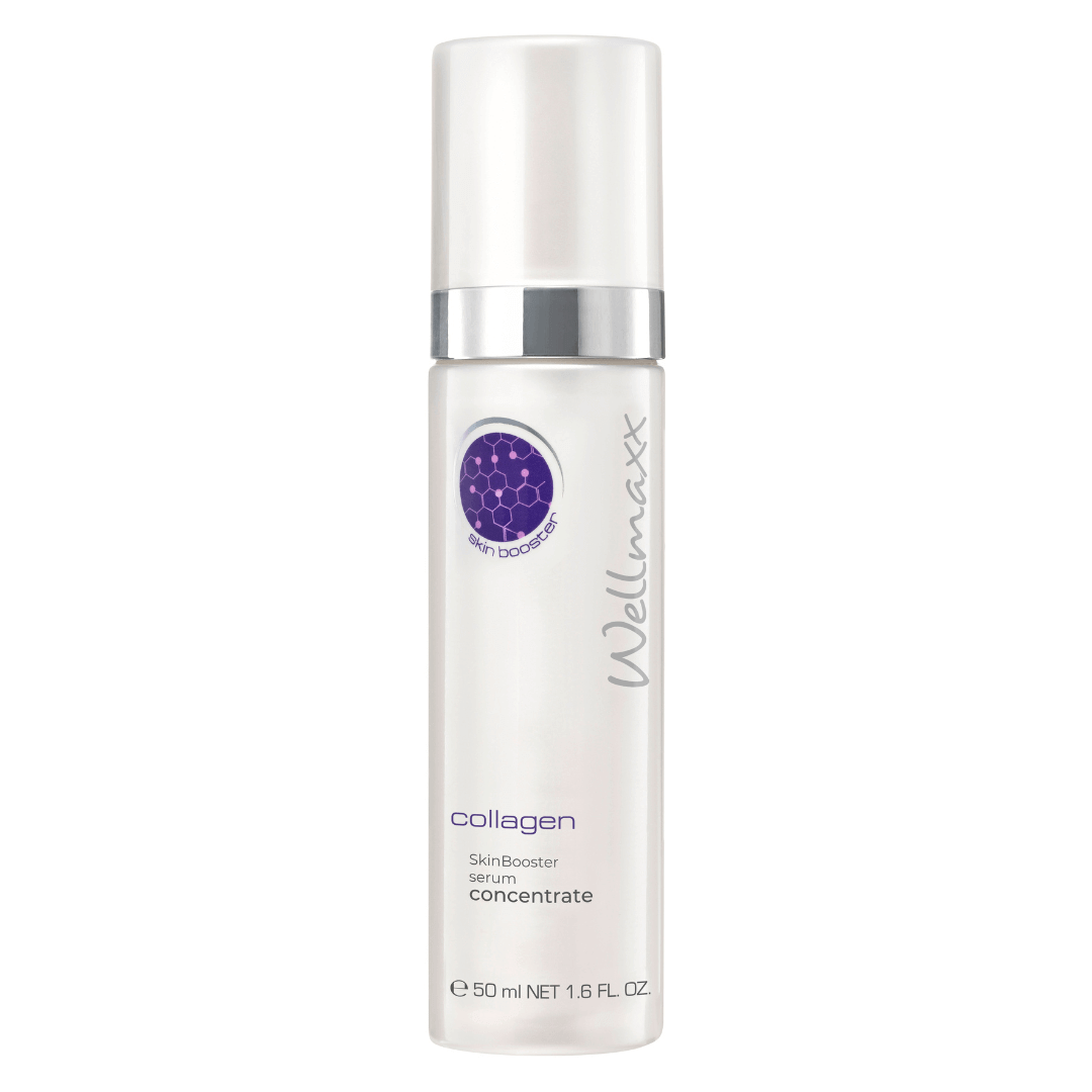 Wellmaxx Collagen Skinbooster Serum Concentrate for enhancing skin elasticity and firmness in a sleek bottle.