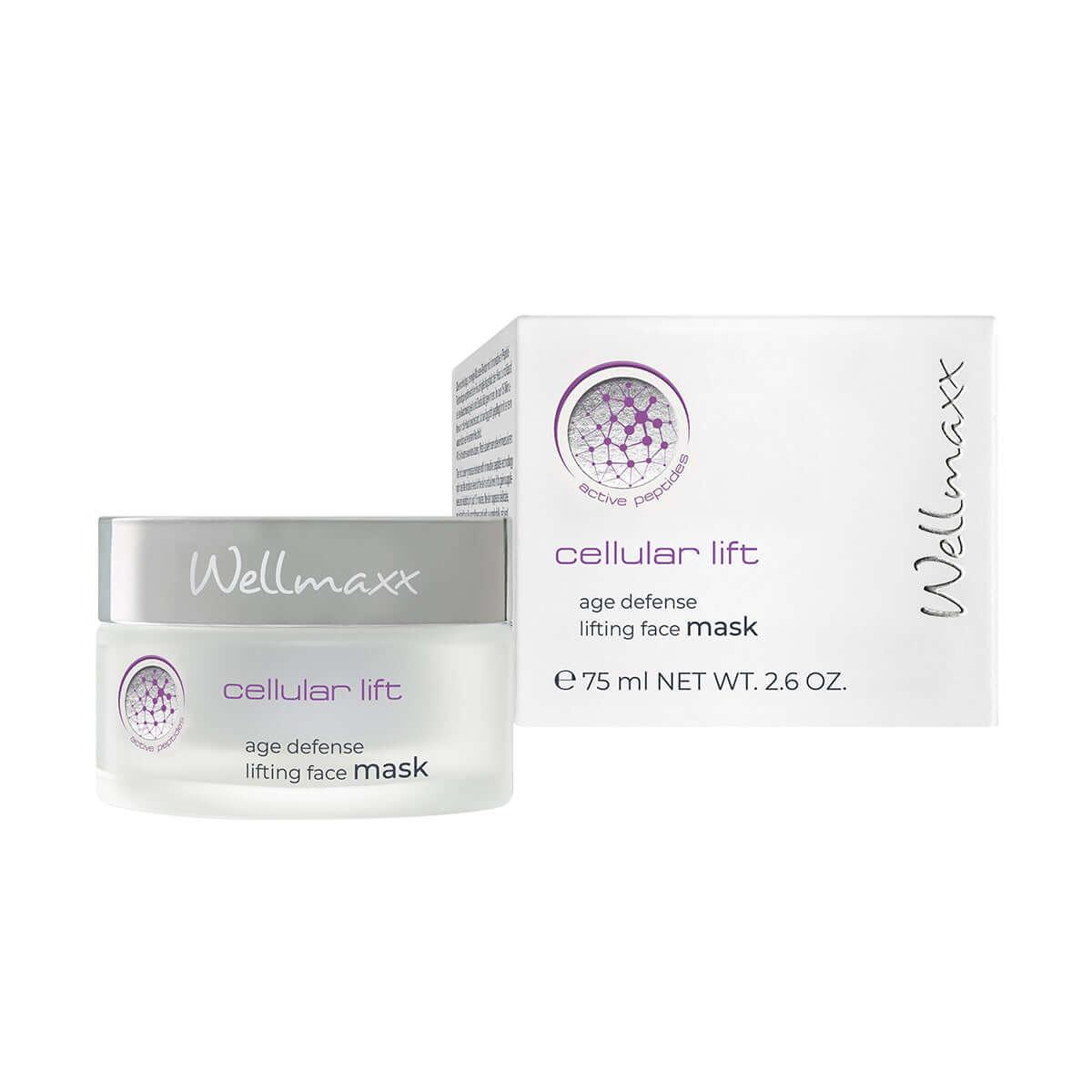 Wellmaxx cellular lift age defense lifting face mask packaging and jar, enriching skin moisture and elasticity.