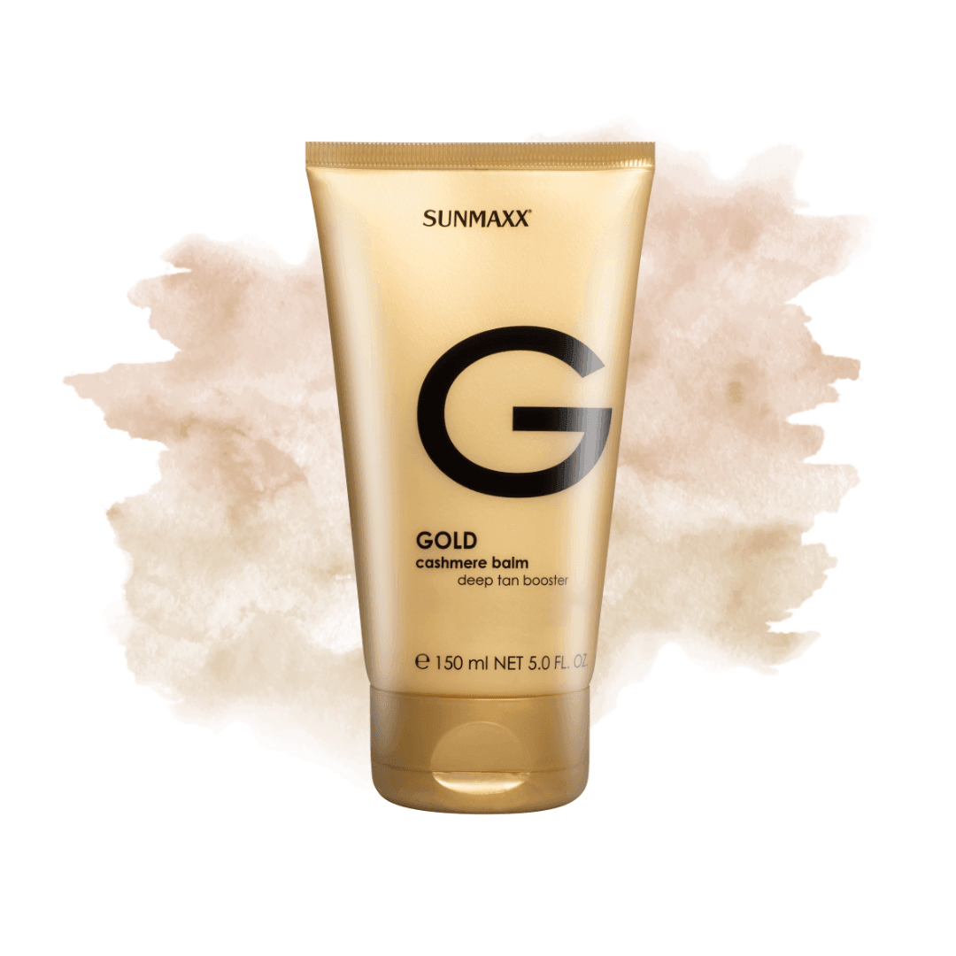 Gold pre-tan lotion from Sunmaxx, enhancing natural tan with a cashmere feel and moisturizing properties.