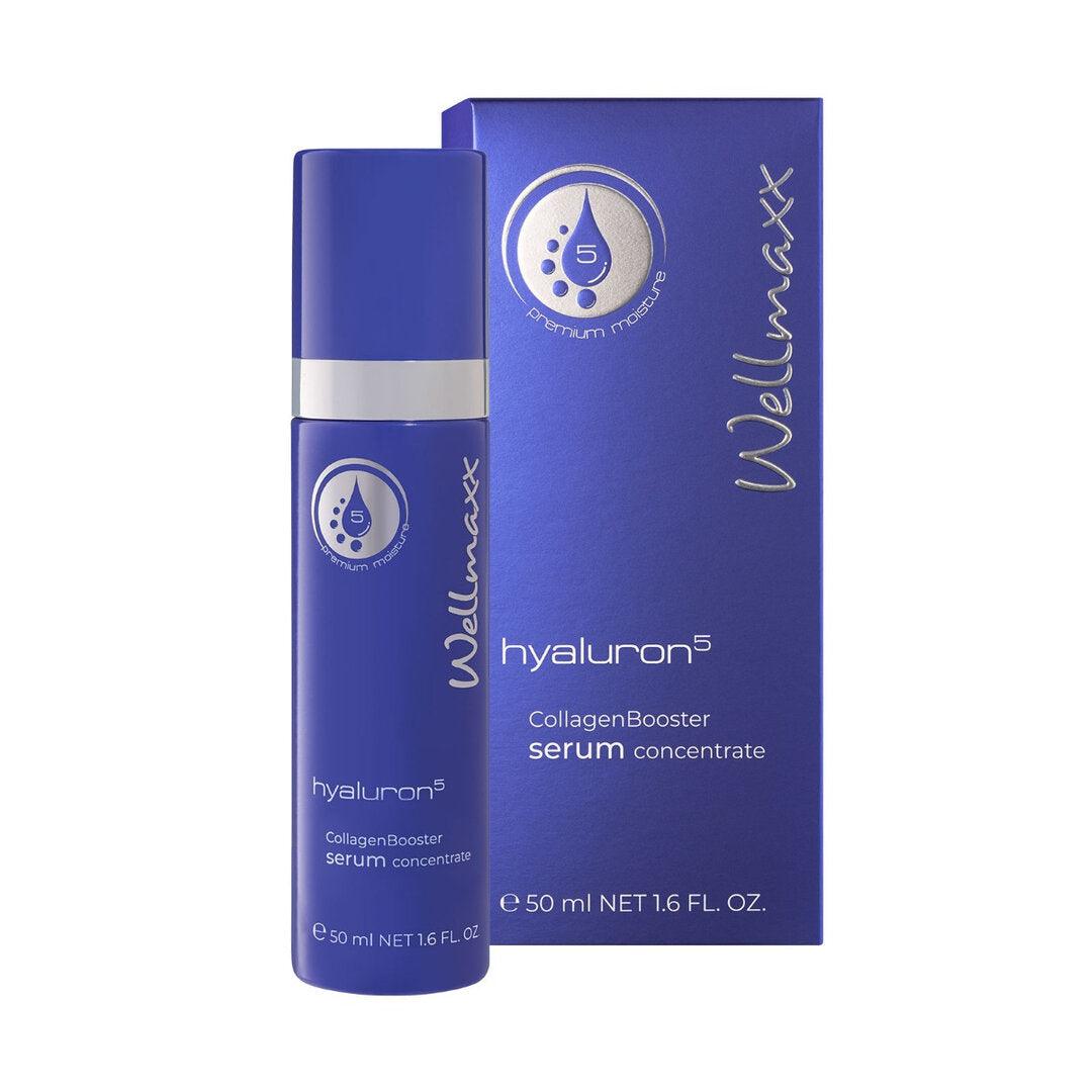 Hyaluron⁵ Collagen Booster Serum Concentrate by Wellmaxx with 5-fold hyaluron formula in blue packaging.