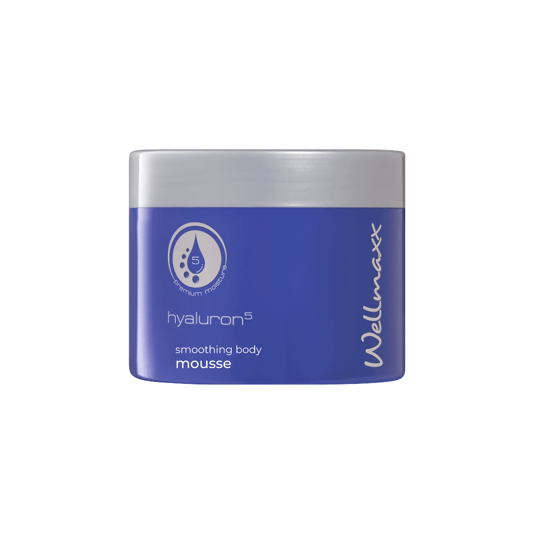 Hyaluron⁵ smoothing body mousse in a blue jar with moisturizing ingredients for soft skin.
