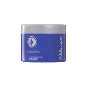 Hyaluron⁵ smoothing body mousse in a blue jar with moisturizing ingredients for soft skin.