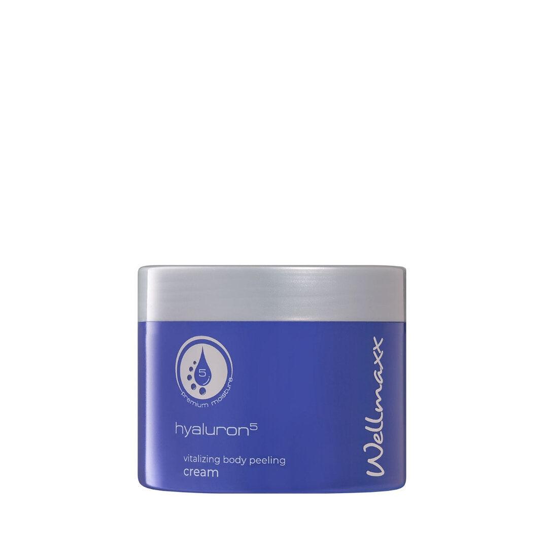 hyaluron⁵ vitalizing body peeling cream jar with blue packaging for smooth and nourished skin.