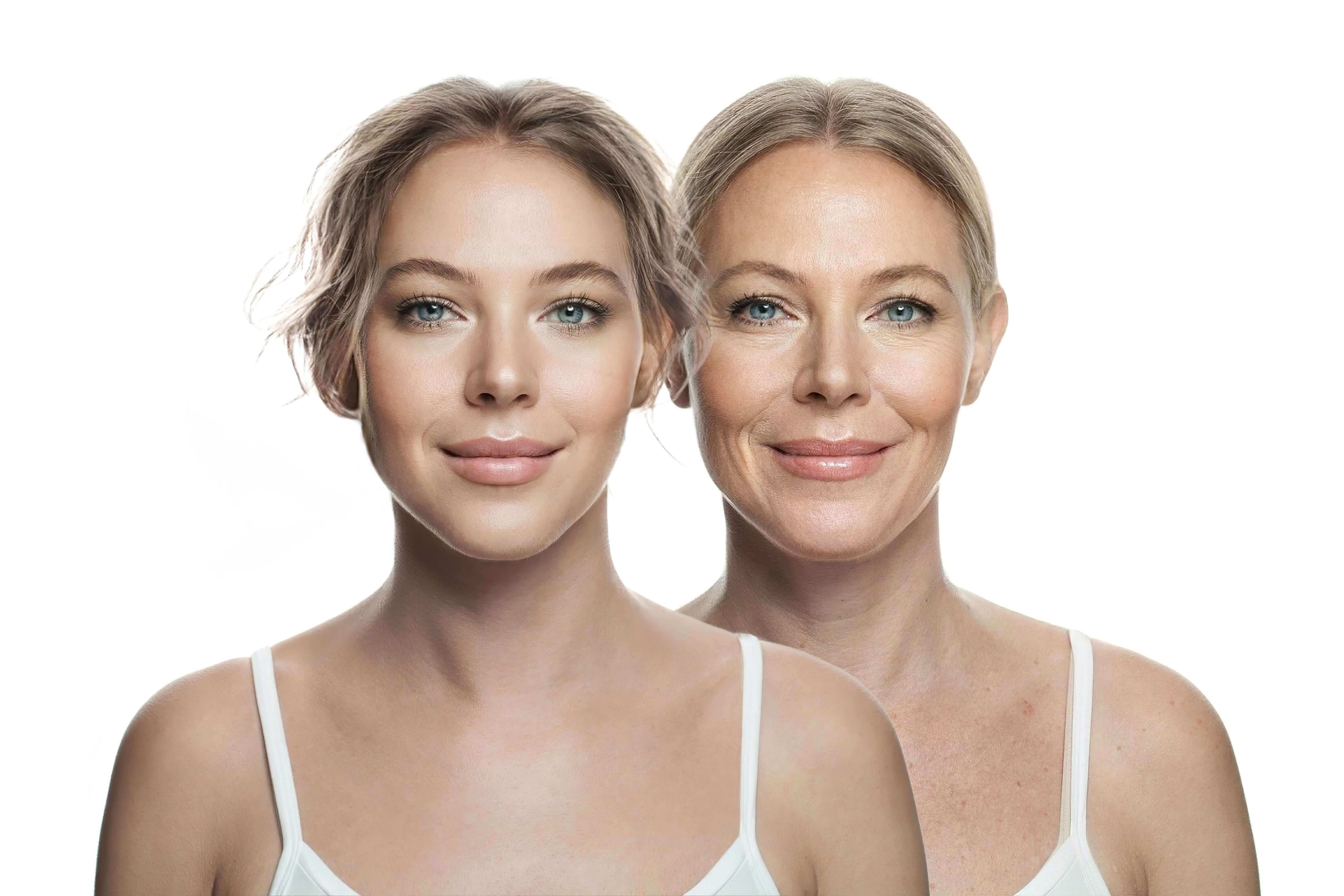 Split image of a young woman and an older woman, showcasing age progression and beauty over time.