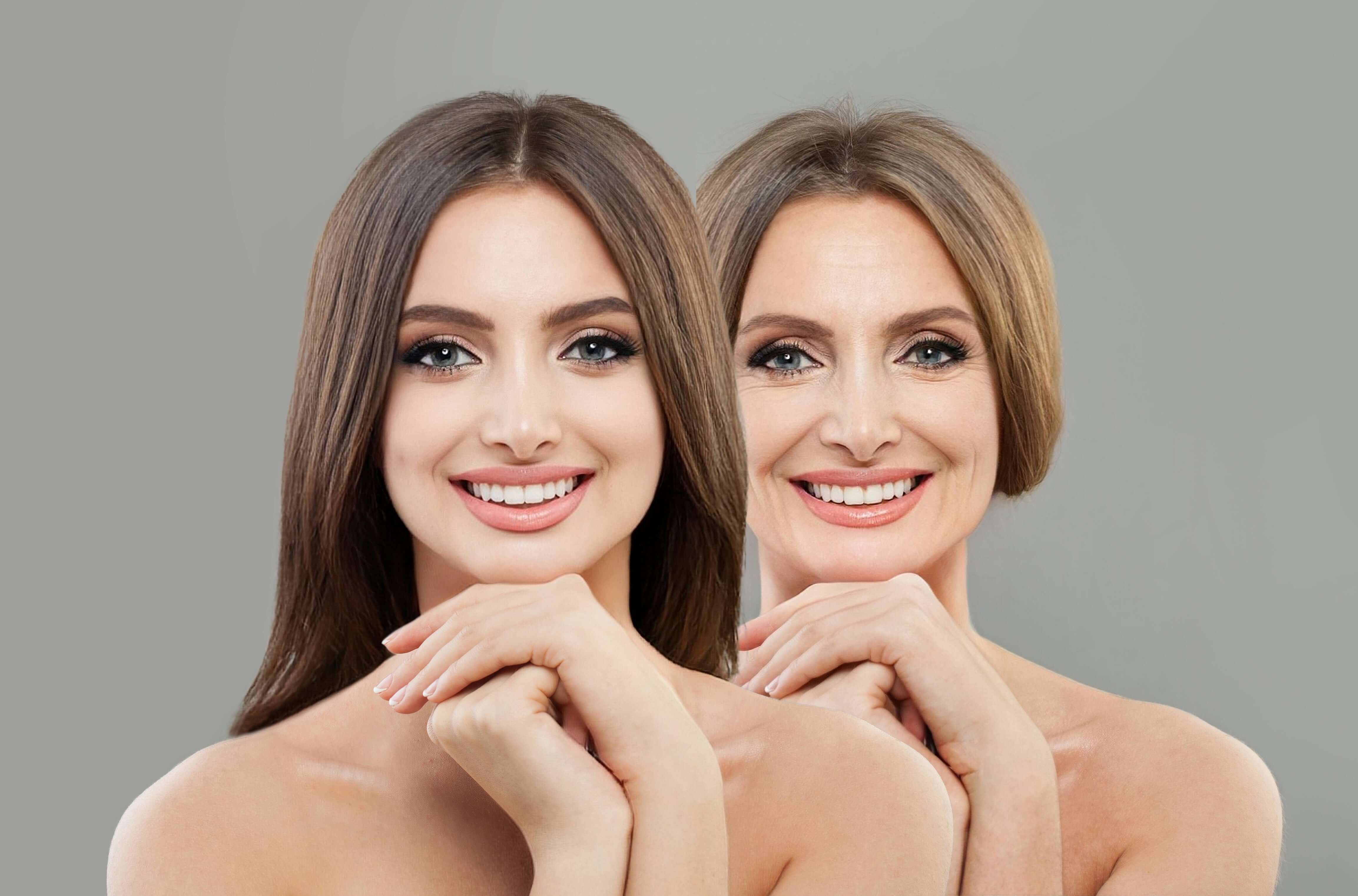 Portrait of two women showcasing beauty and smiles, highlighting natural skincare and aging gracefully.