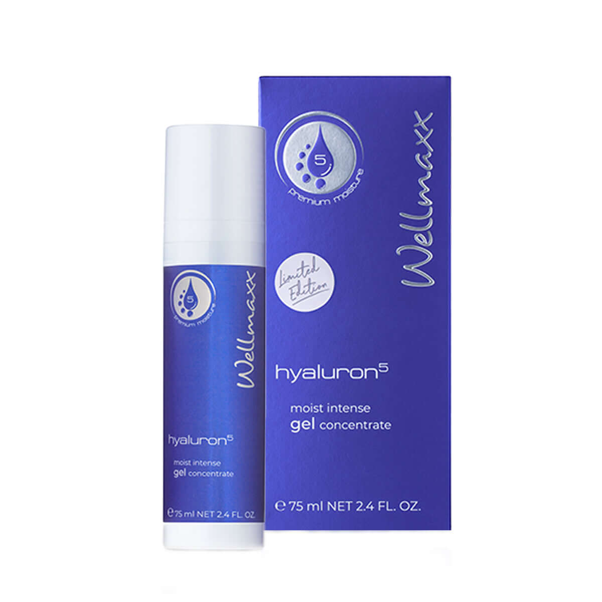 Wellmaxx hyaluron5 moist intense gel concentrate, 75ml packaging and bottle, ultra-hydrating skincare product.