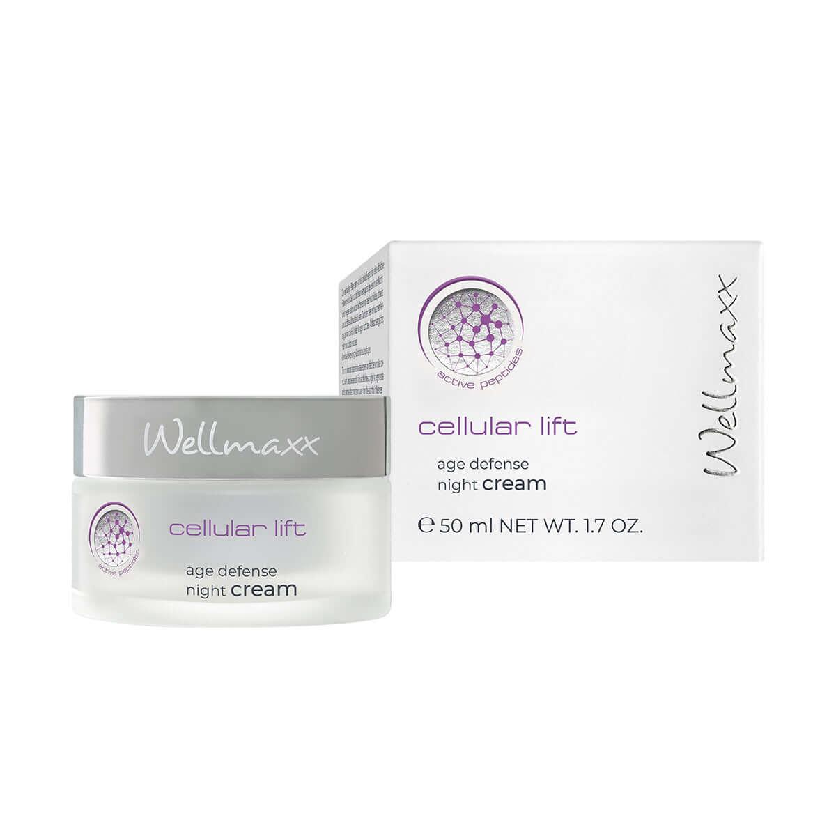 Wellmaxx Cellular Lift Age Defense Night Cream in jar and box for overnight skin rejuvenation, 50ml.