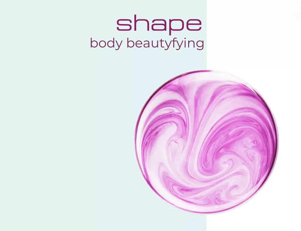 An artistic swirl of pink and white cream with the text 'shape body beautifying' for skincare promotion.