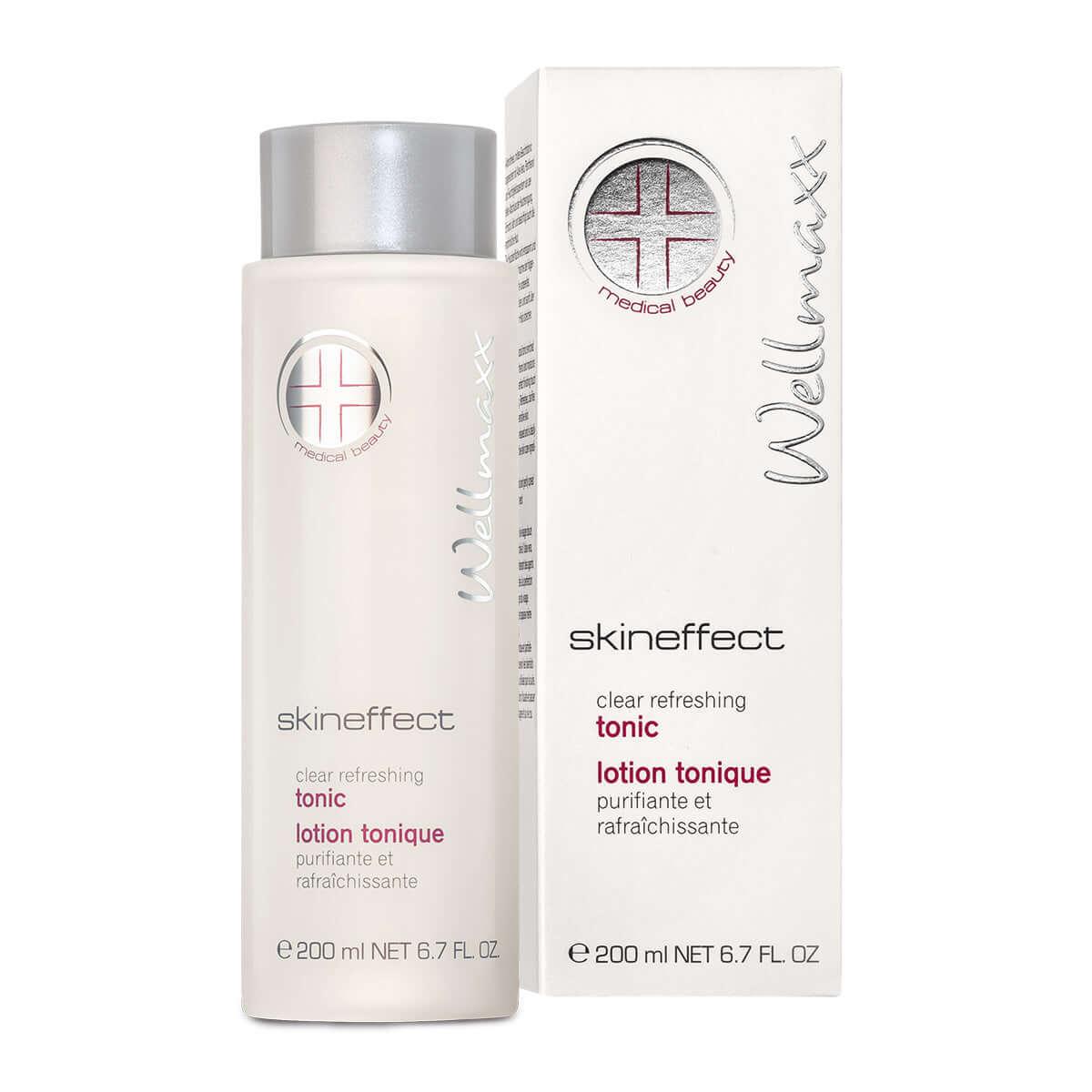 Skineffect clear refreshing face tonic in a sleek bottle with box, ideal for sensitive skin care.