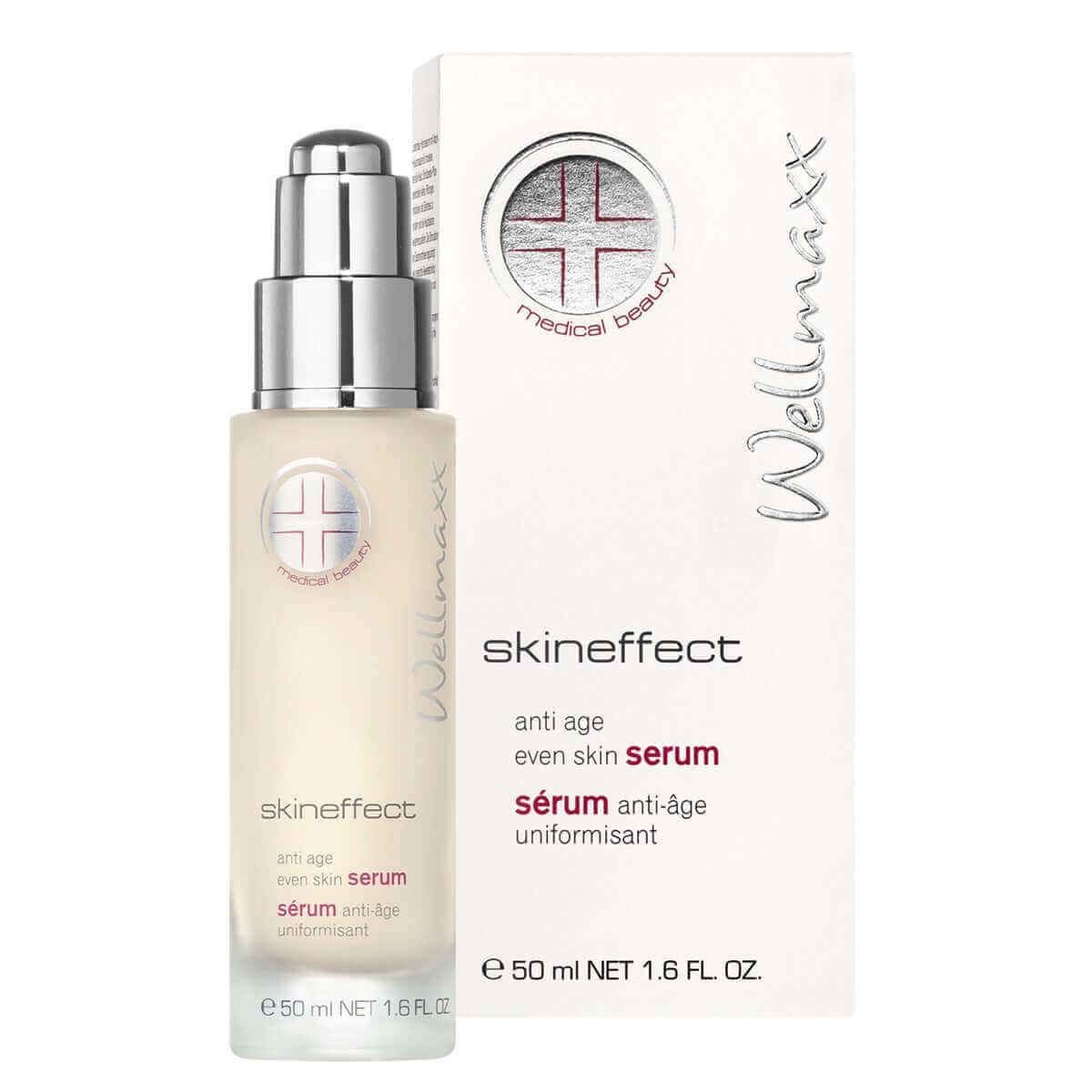 WELLMAXX Skineffect Anti Age Even Skin Serum in a sleek bottle, designed to reduce dryness and improve skin texture.