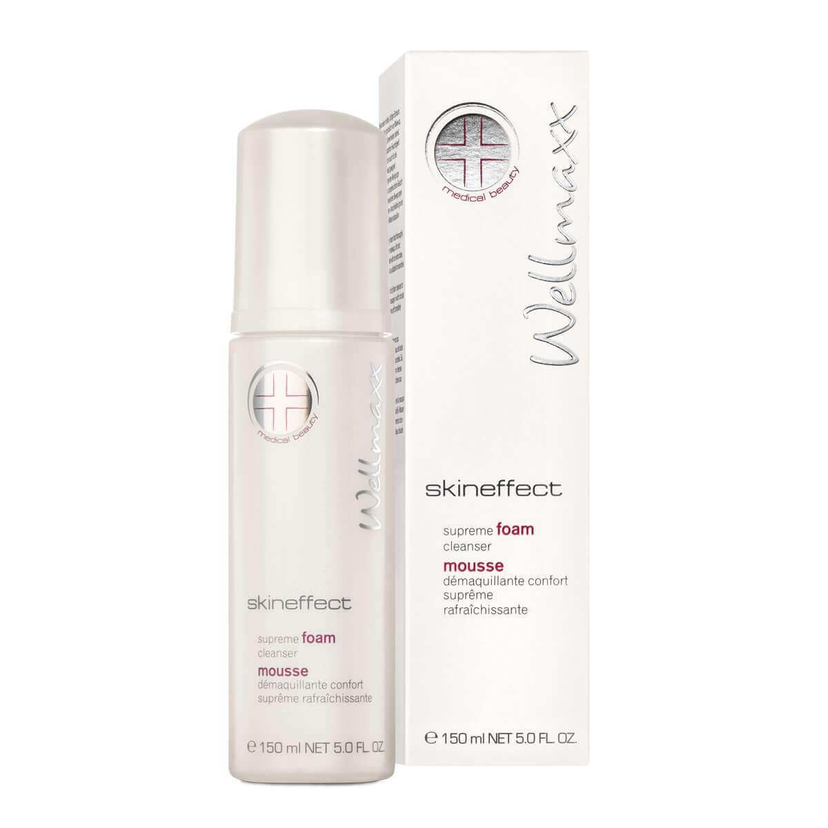 Skineffect Supreme Foam Cleanser pack and bottle, ideal for sensitive skin, enriched with moisture for gentle cleansing.