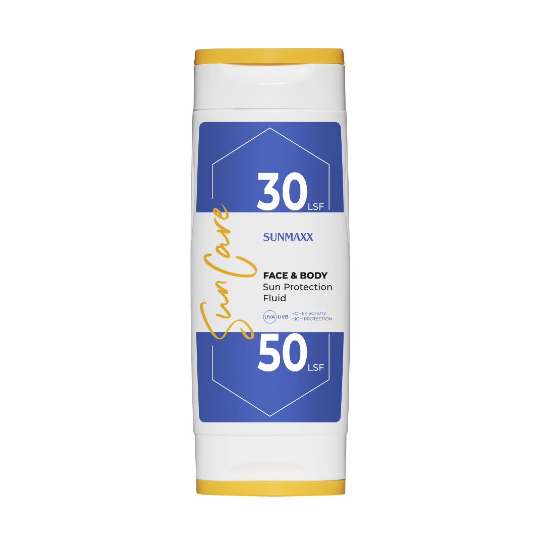 Face and Body Sun Protection Fluid LSF 30/50 in a convenient dual bottle for outdoor use, UVA/UVB protection.