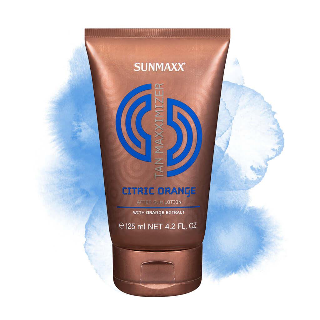Tan Maxximizer Citric Orange after sun lotion with orange extract, designed for skin regeneration and hydration.