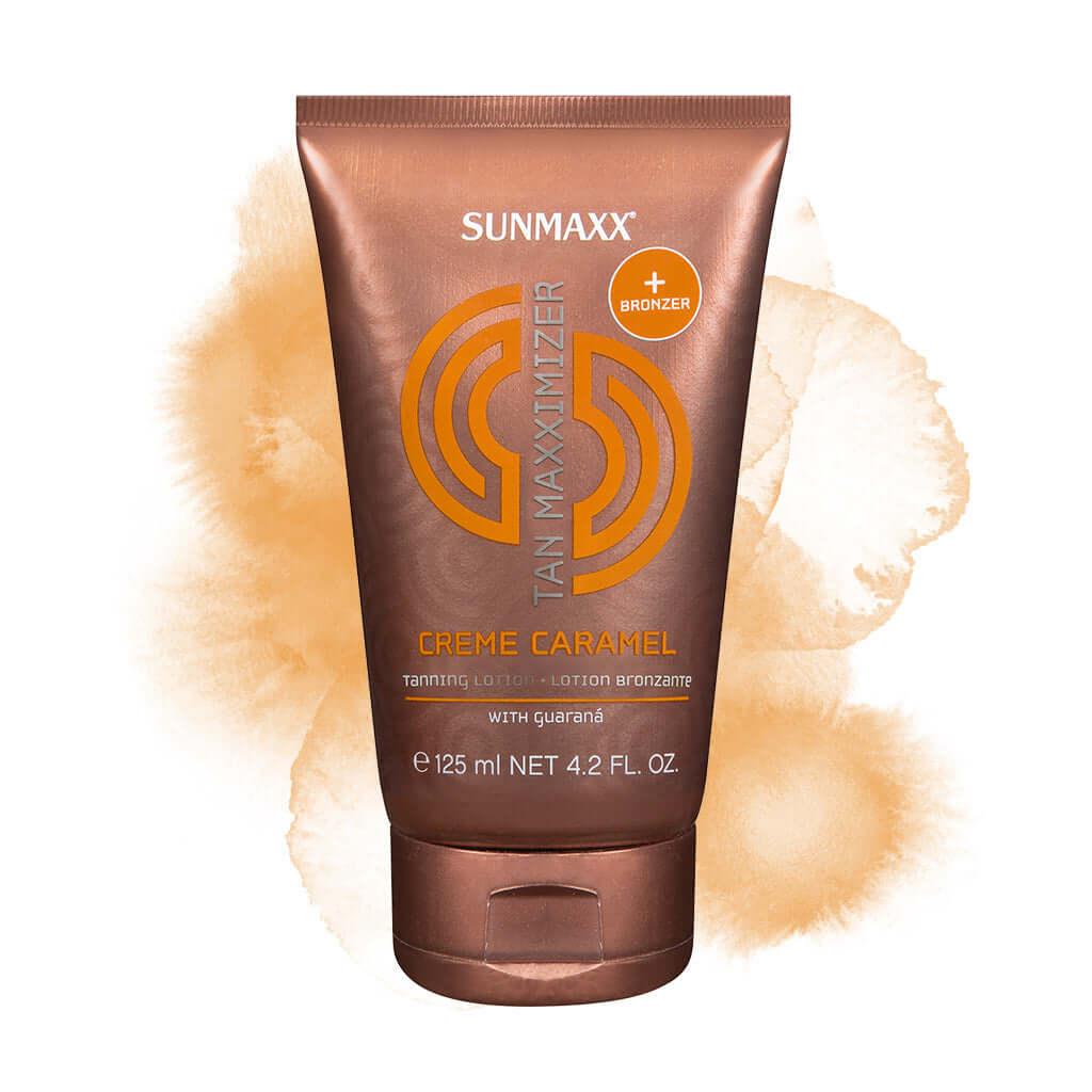 Tan Maxximizer Creme Caramel tanning lotion with bronzer, enriched with Guarana and caramel aroma, 125 ml tube.