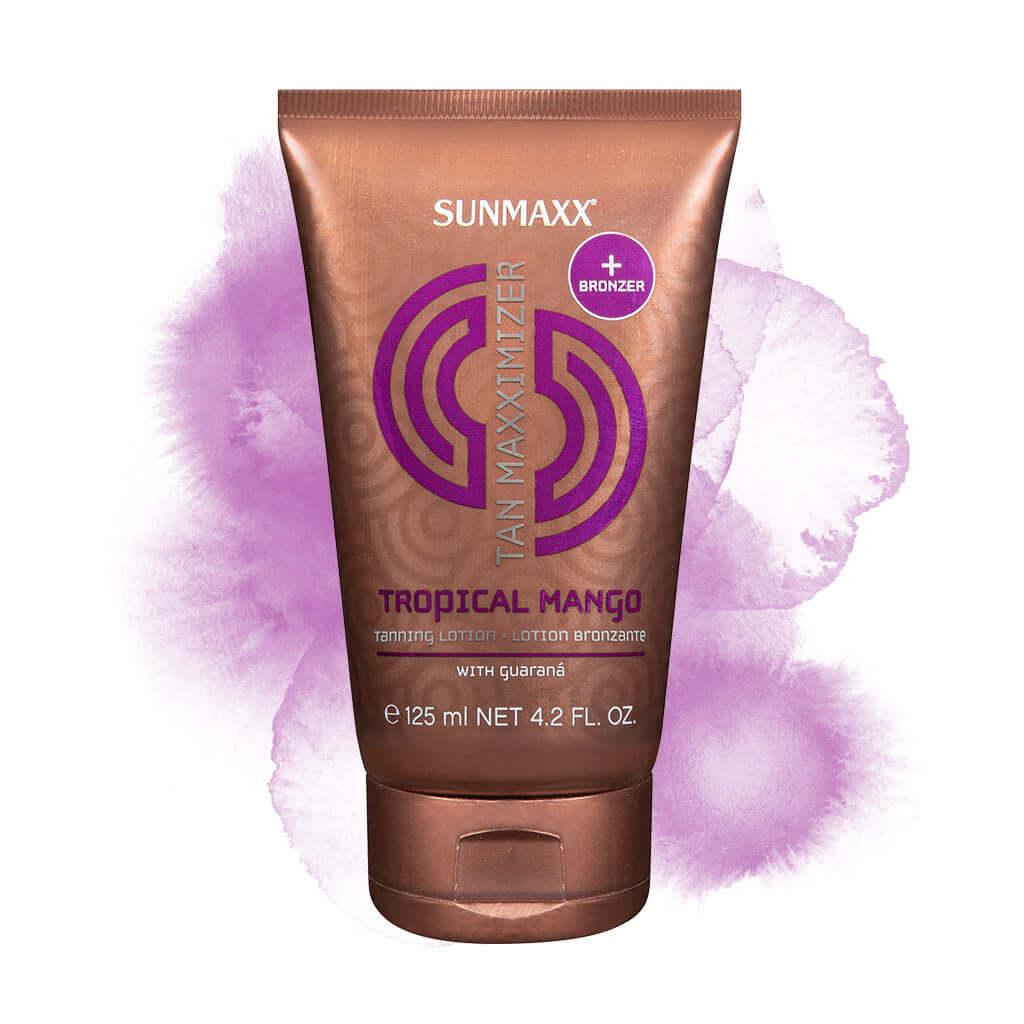 Tan Maxximizer Tropical Mango tanning lotion tube with bronzer and guarana extract, 125 ml.