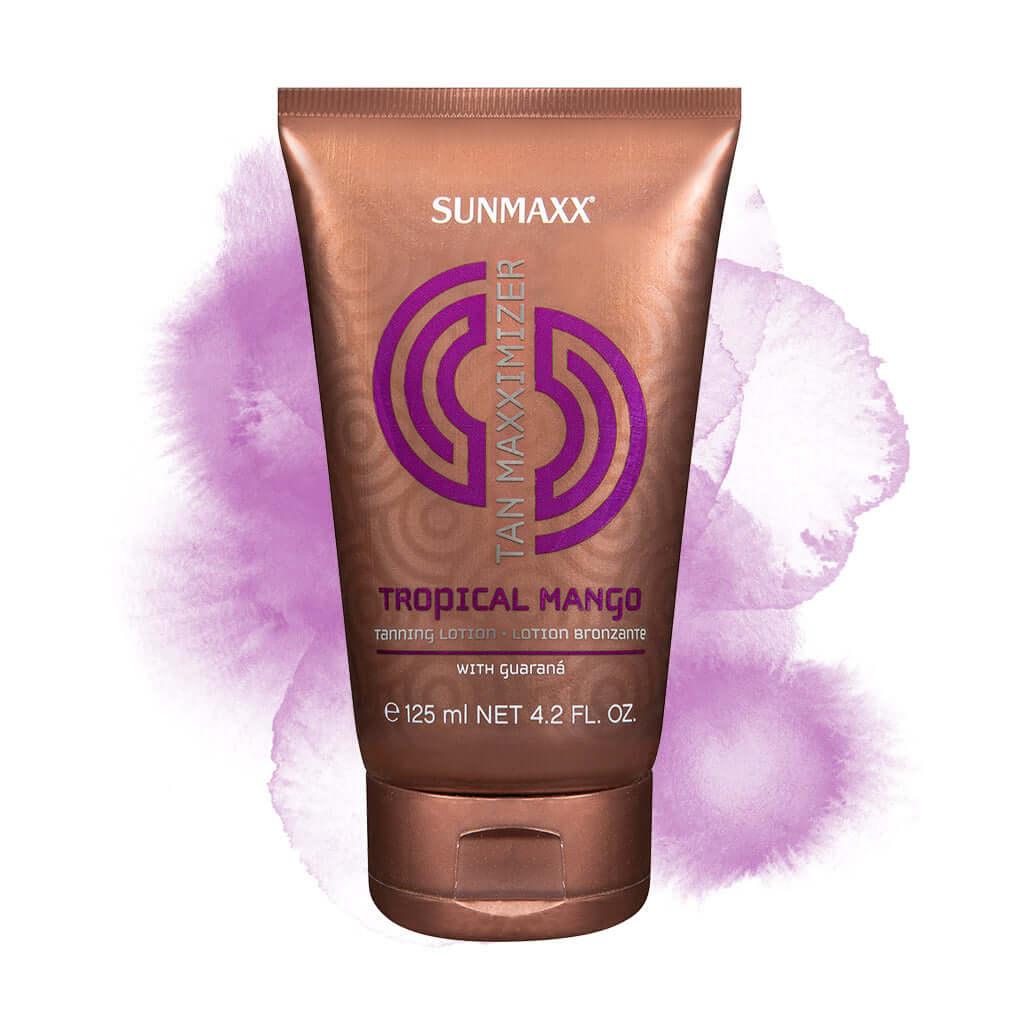 Tan Maxximizer Tropical Mango tanning lotion tube with guarana extract for enhanced tanning.