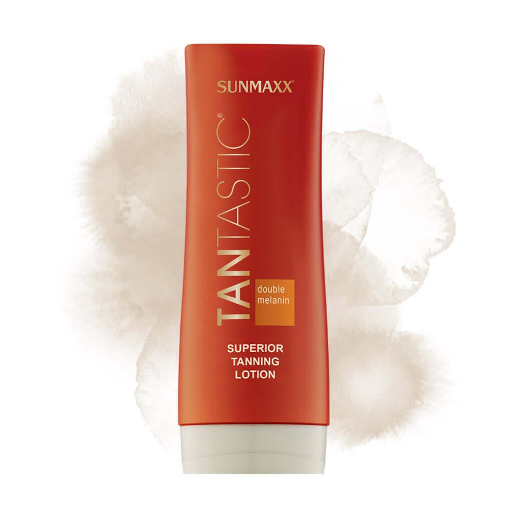 TanTastic Superior Tanning Lotion with double melanin for anti-aging and hydration in a sleek orange tube.