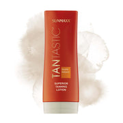 TanTastic Superior Tanning Lotion with double melanin for anti-aging and hydration in a sleek orange tube.