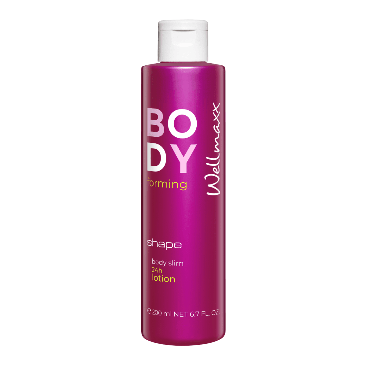 Wellmaxx Shape Body Beautyfying 24H Lotion for skin firmness and elasticity in a vibrant pink bottle.