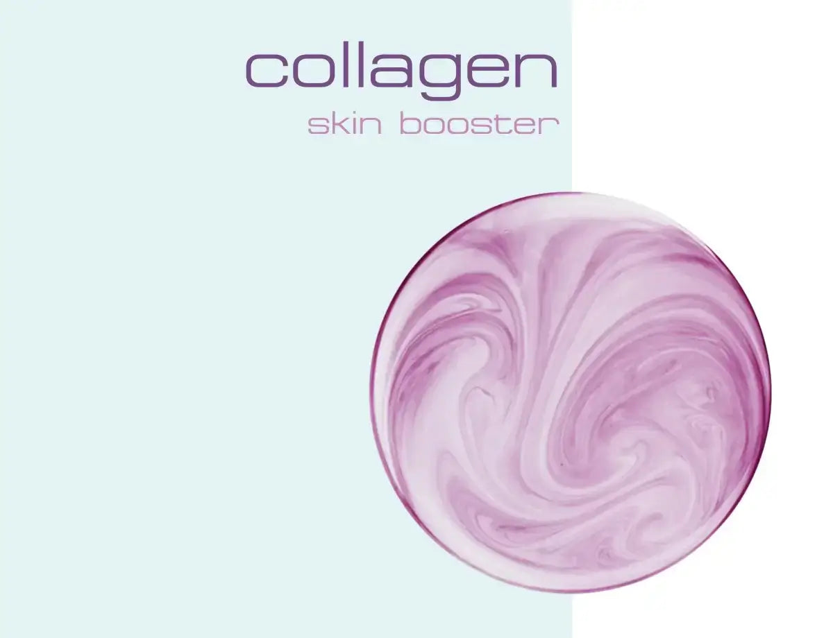 Collagen skin booster in a round container with a swirled pink cream design.