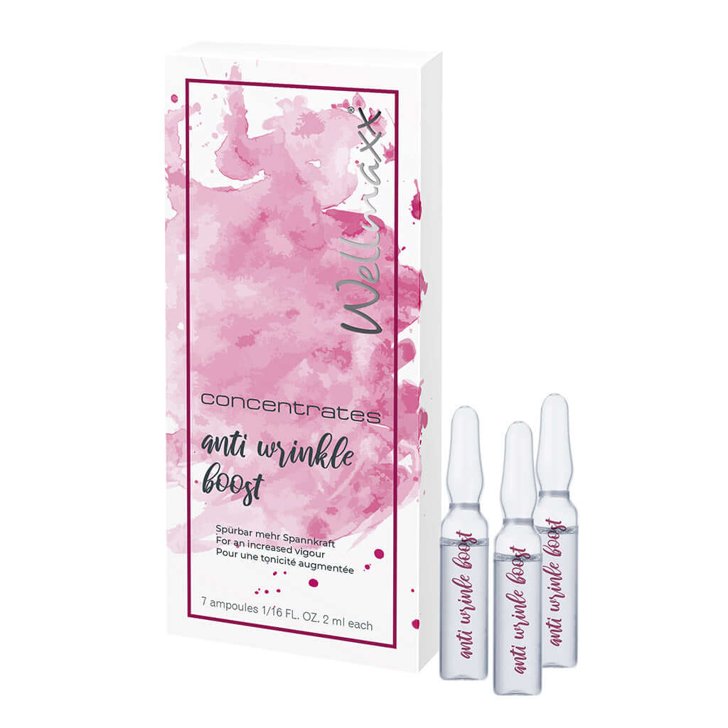Wellmaxx concentrates anti-wrinkle boost packaging and ampoules featuring hyaluronic acid and hibiscus extract.