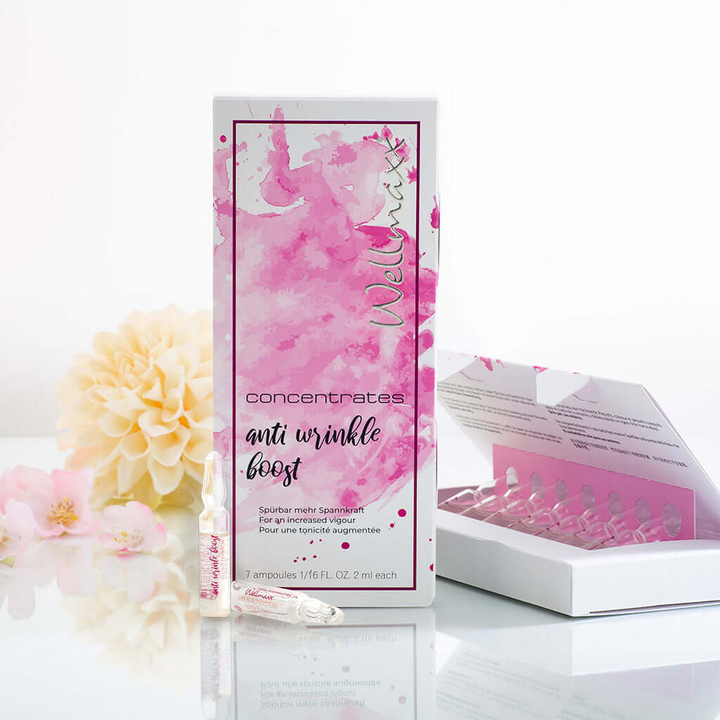 Wellmaxx Anti Wrinkle Boost concentrate packaging with ampoules for youthful skin.