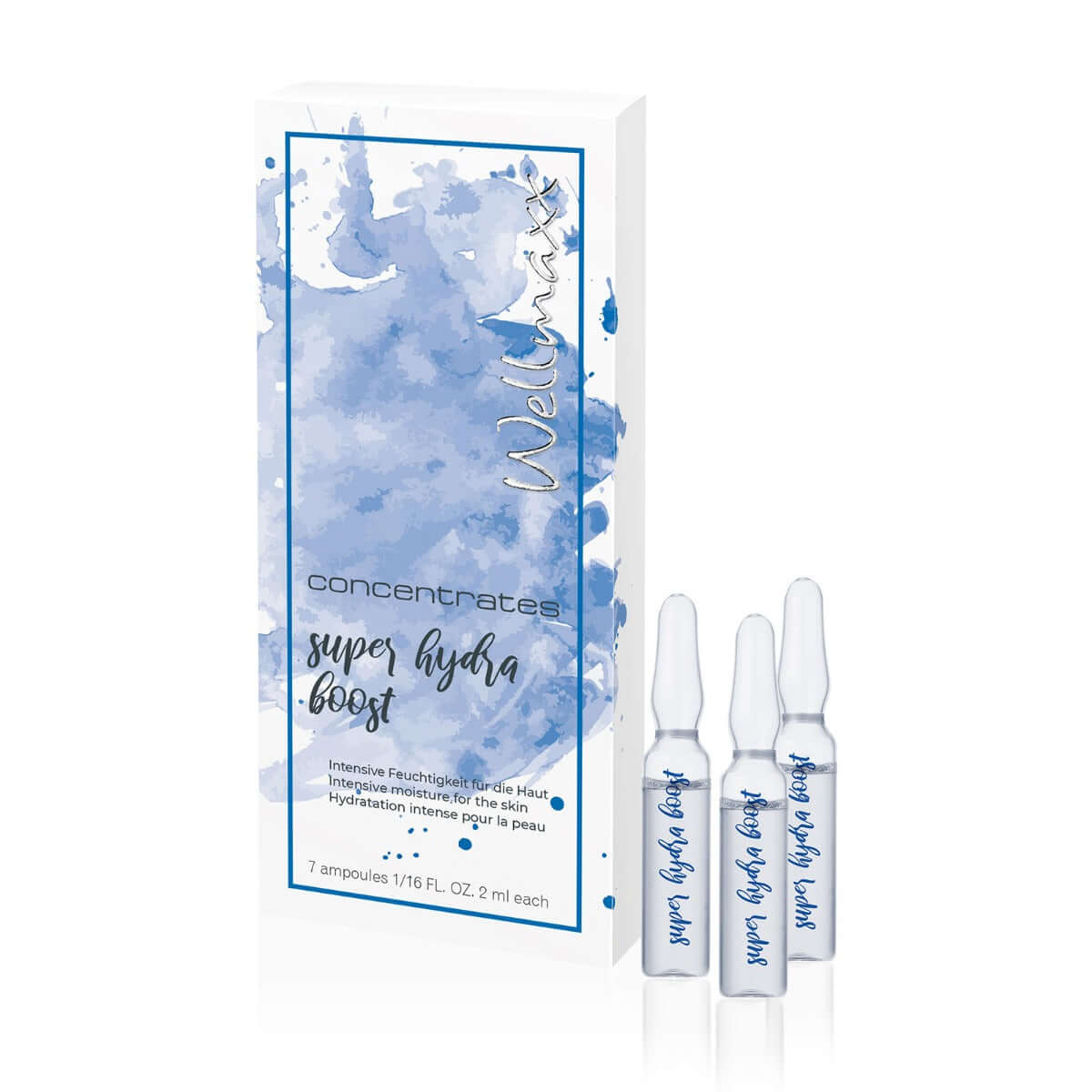 Packaging of Wellmark Super Hydra Boost with 7 ampoules for intensive skin hydration and anti-aging benefits.