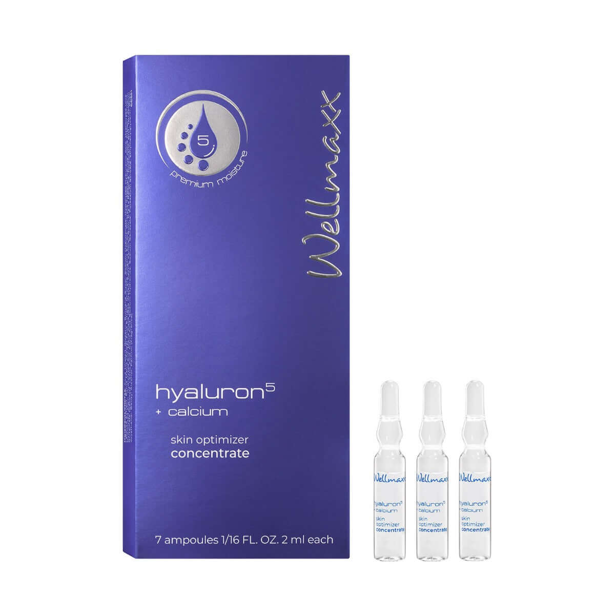 Wellmaxx hyaluron⁵ calcium skin optimizer concentrate package with ampoules for intense hydration.