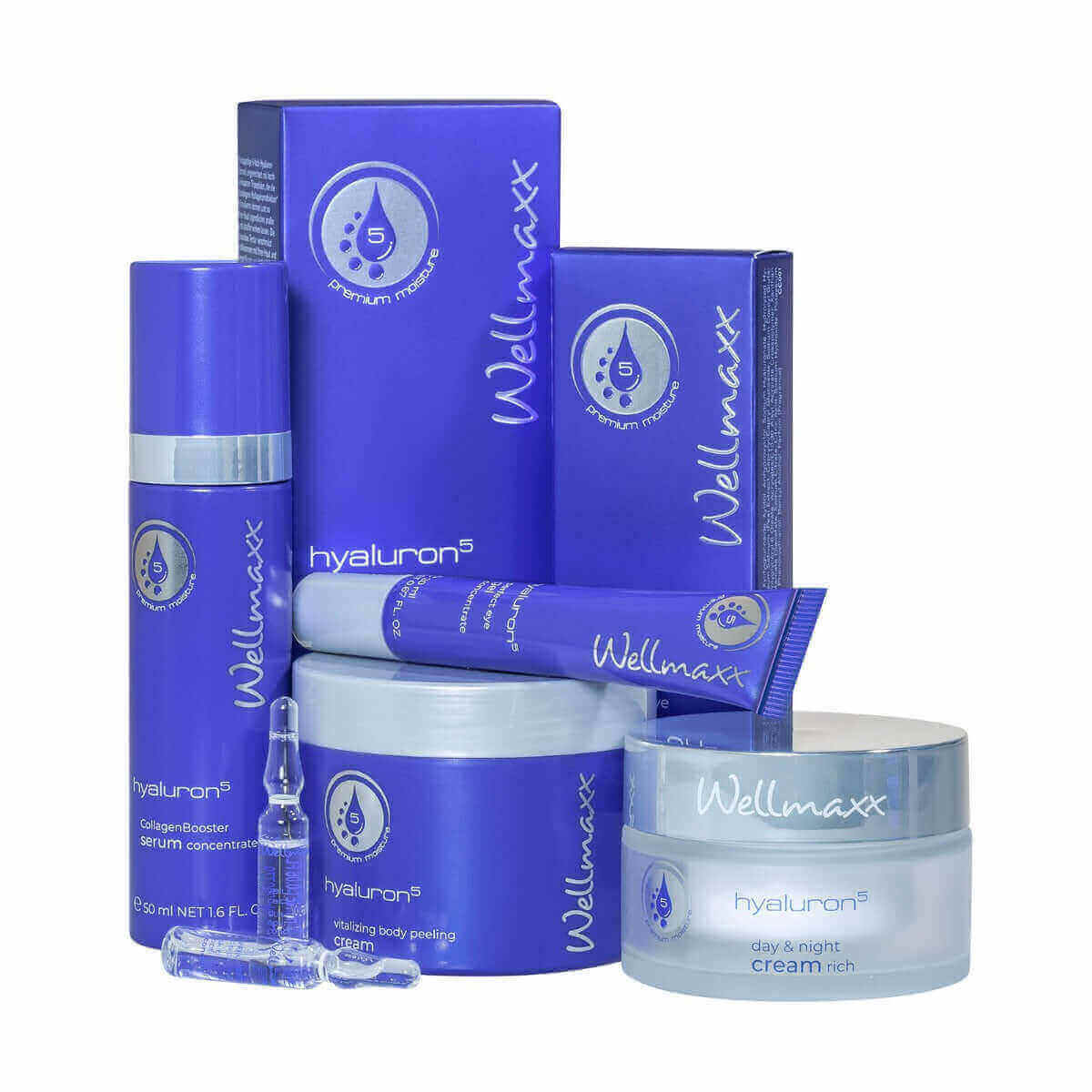 Wellmaxx skincare products featuring hyaluronic acid in blue packaging, including serums and creams for hydration.