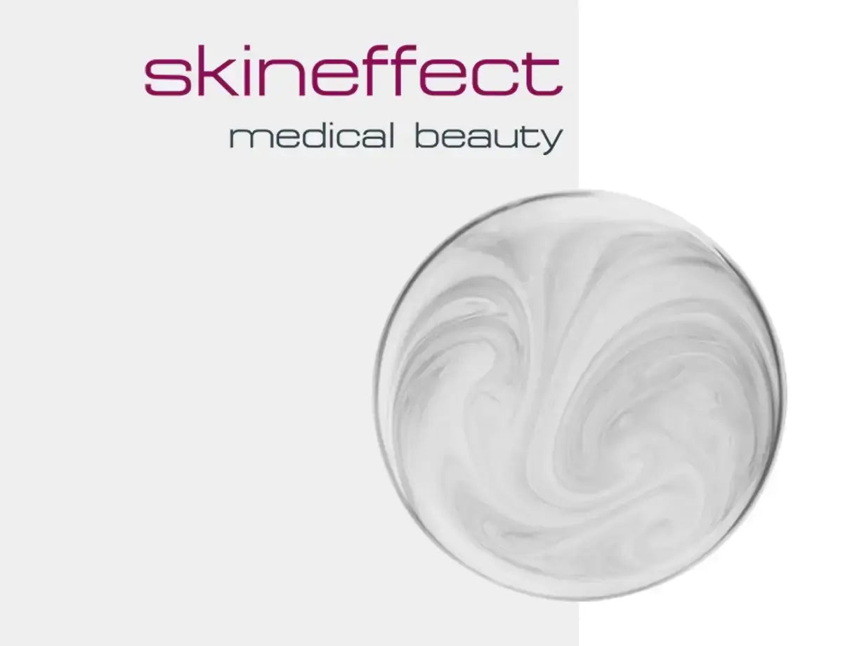 SkinEffect medical beauty logo with a swirling cream texture on a sleek background.
