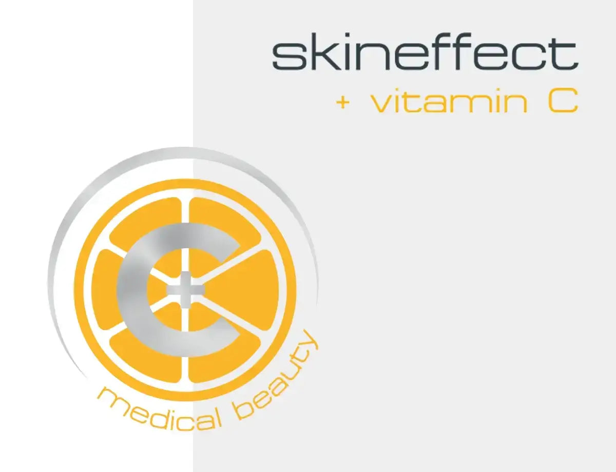 Skineffect logo featuring vitamin C and medical beauty elements in orange and gray tones.