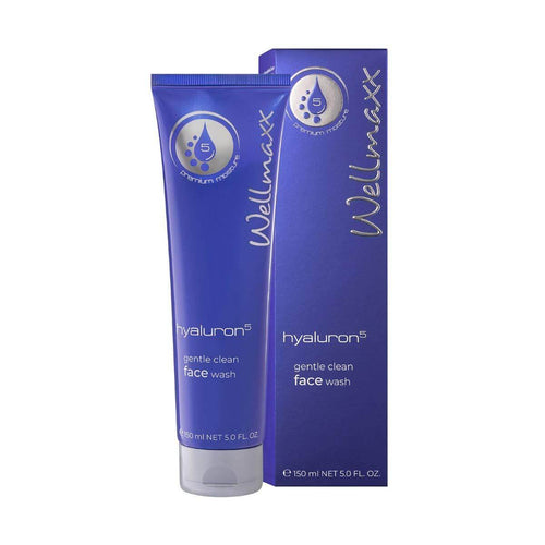 Wellmaxx hyaluron⁵ gentle clean face wash in a blue tube with box, designed for effective and gentle skin care.